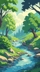 Vector Forest Landscape with Clear Flowing River Stream