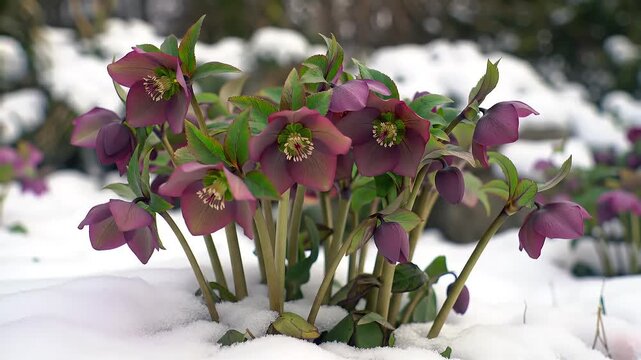 Deep purple hellebores in winter snow