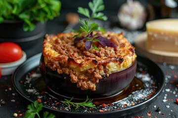 golden-baked eggplant and beef timbale with tomato and mozzarella layers