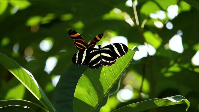 Vibrant 4K wildlife video of a zebra longwing butterfly resting on a glossy green leaf under sunlight in a tropical environment capturing the intricate wing patterns of Florida's official state