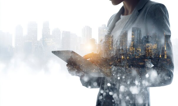 Double exposure of a businesswoman holding a tablet and a cityscape background, a woman in a suit using a digital device with buildings on a white screen, a concept banner for an online businessman 