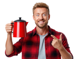 Enthusiastic Coffee Presentation: An affable individual cheerfully showcases a bright red coffee pot
