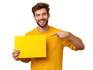 Cheerful Male Presenting: A radiant young man, exuding positivity, joyfully holds a vibrant yellow sign, gesturing with confidence. Capturing pure happiness and showcasing an easygoing persona.