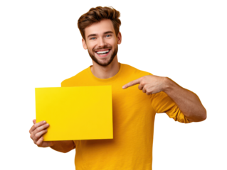 Cheerful Male Presenting: A radiant young man, exuding positivity, joyfully holds a vibrant yellow sign, gesturing with confidence. Capturing pure happiness and showcasing an easygoing persona.