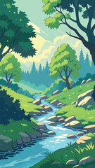 Vector Forest Landscape with Clear Flowing River Stream