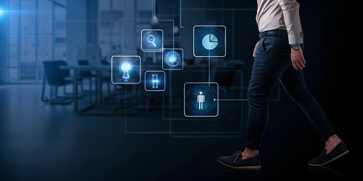 A businessman walks through a modern office, interacting with a futuristic digital data interface