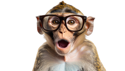 silly monkey wearing oversized glasses, expressing surprise and joy. This playful image captures fun and quirky nature of animals isolated on transparent background 
