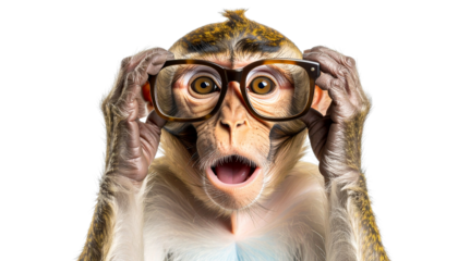 silly monkey wearing oversized glasses, expressing surprise and joy. This playful image captures fun and quirky nature of animals isolated on transparent background 