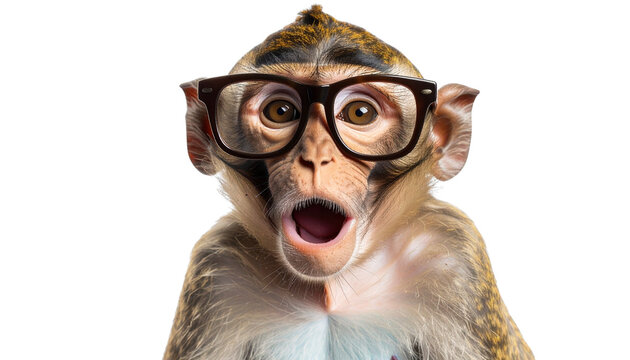 silly monkey wearing oversized glasses, expressing surprise and joy. This playful image captures fun and quirky nature of animals isolated on transparent background 