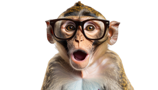 silly monkey wearing oversized glasses, expressing surprise and joy. This playful image captures fun and quirky nature of animals isolated on transparent background 
