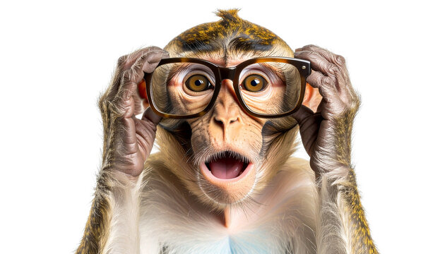 silly monkey wearing oversized glasses, expressing surprise and joy. This playful image captures fun and quirky nature of animals isolated on transparent background 