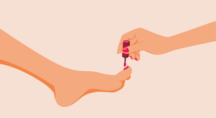 Red Nail Pedicure on Feet Done Professionally Vector Cartoon. Pedicurist putting a coat of nail polish on client toe 
