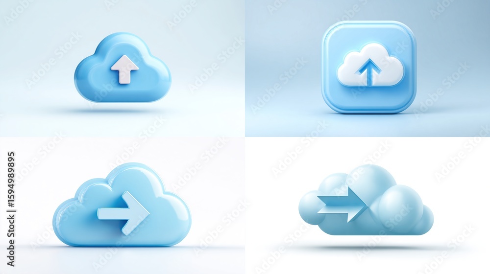 Fototapete and keyword list for the image four 3d rendered pastel blue cloud icons depicting data upload and tr