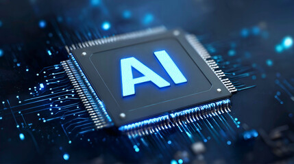 Close up of a futuristic computer chip with the letters ai glowing blue on a dark circuit board background