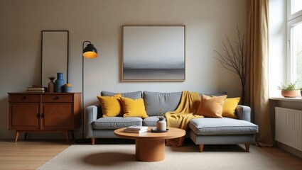 Living Room Interior with Gray Sofa Yellow Pillows and Wooden Furniture 1