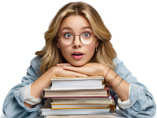Surprised Student: A bright-eyed student with round glasses is leaning on a stack of books, wearing a look of pleasant surprise and focused gaze, in a photorealistic environment.