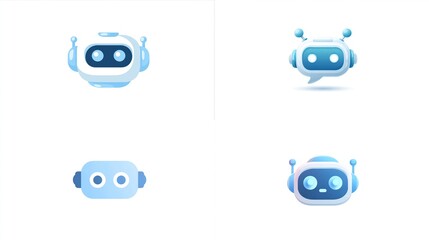 Four cartoonish blue & white robots, each with unique shapes and antennaes