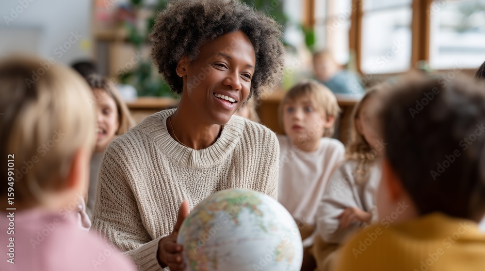 Poster engaging learning activity with children and a globe in a classroom setting during the day