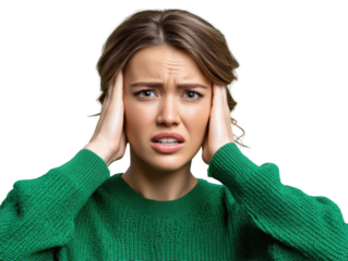 Woman's Intense Expression of Frustration: A portrait of a woman, her face etched with anxiety and exasperation, clasps her hands to her temples, a poignant depiction of distress and frustration. 