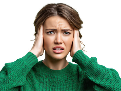 Woman's Intense Expression of Frustration: A portrait of a woman, her face etched with anxiety and exasperation, clasps her hands to her temples, a poignant depiction of distress and frustration. 