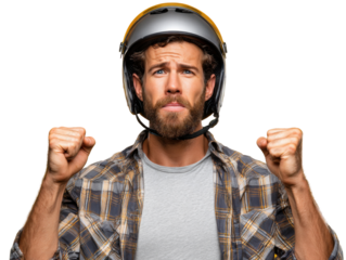Man with Helmet: A strong man wearing a protective helmet, embodying the spirit of labor and safety. His determined expression reveals focus and reliability, reflecting resilience and dedication