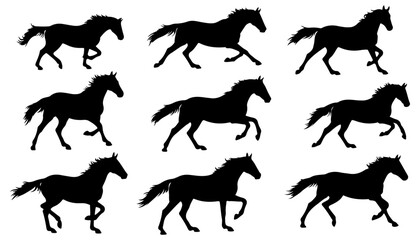 Vector set of horses silhouettes. Horse different poses isolated on transparent background. Chinese New Year of the horse 2026 symbol	
