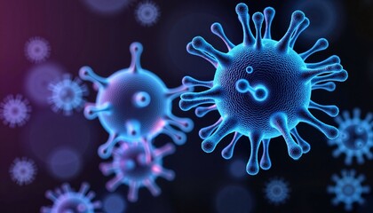 Digital illustration of virus particles in vibrant blue tones  
