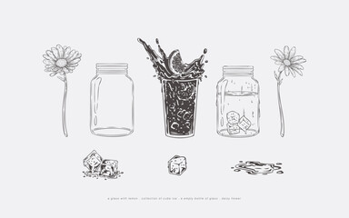 Hand Drawn Collection Featuring Glass with Lemon Juice Empty Bottle Ice Cubes and Daisy Flower for Summer Designs