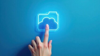El dedo de una persona interactuando con un ícono de carpeta virtual, que representa almacenamiento en la nube, organización de archivos y acceso remoto a datos