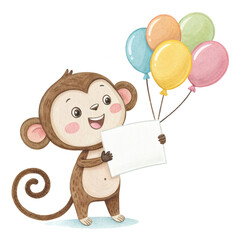 Naklejka premium Cute animals holding white signs and balloons Clipart watercolor 