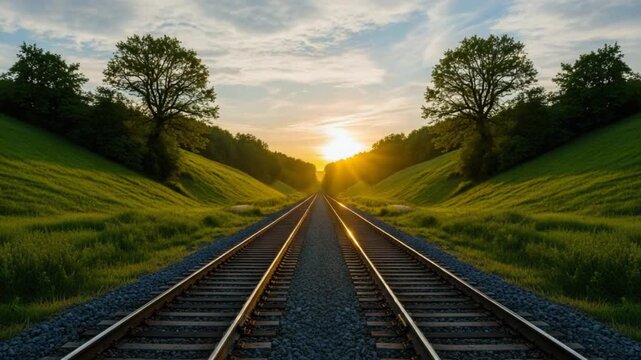 Scenic Railroad Tracks at Sunrise with Lush Greenery and Serene Atmosphere