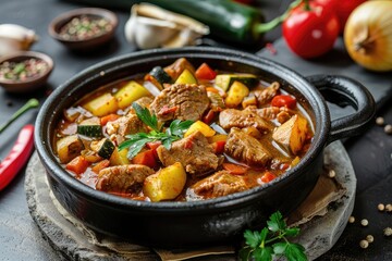 Traditional rustic veal stew with soft zucchini, bell pepper, tomatoes, garlic, onions, chili flakes, and herbs, perfect for cozy Mediterranean-style meals