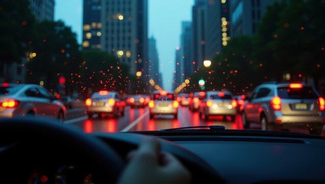 El punto de vista de un conductor mojado y cansado por la noche, mirando a trav&eacute;s de un parabrisas empapado por la lluvia