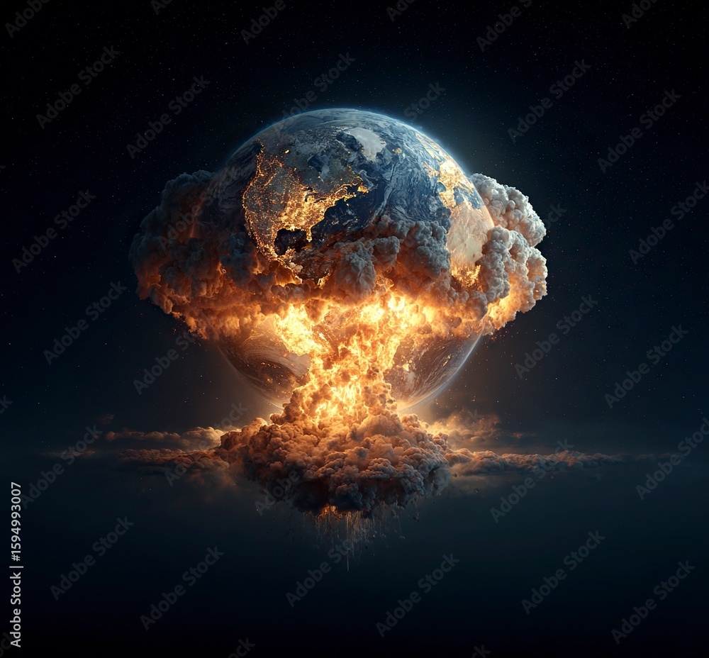 Poster earth exploding, an explosive scene in space, hyper-realistic, dark background, earth floating in th