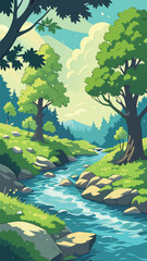 Fototapeta premium Lush Green Forest and Freshwater River Vector Design