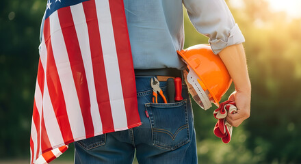 Construction Worker with American Flag at Sunset for Labor Day
