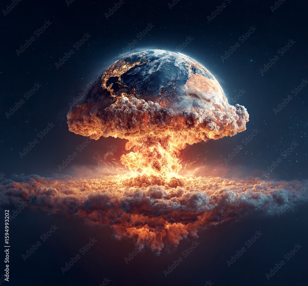 Poster earth exploding, an explosive scene in space, hyper-realistic, dark background, earth floating in th