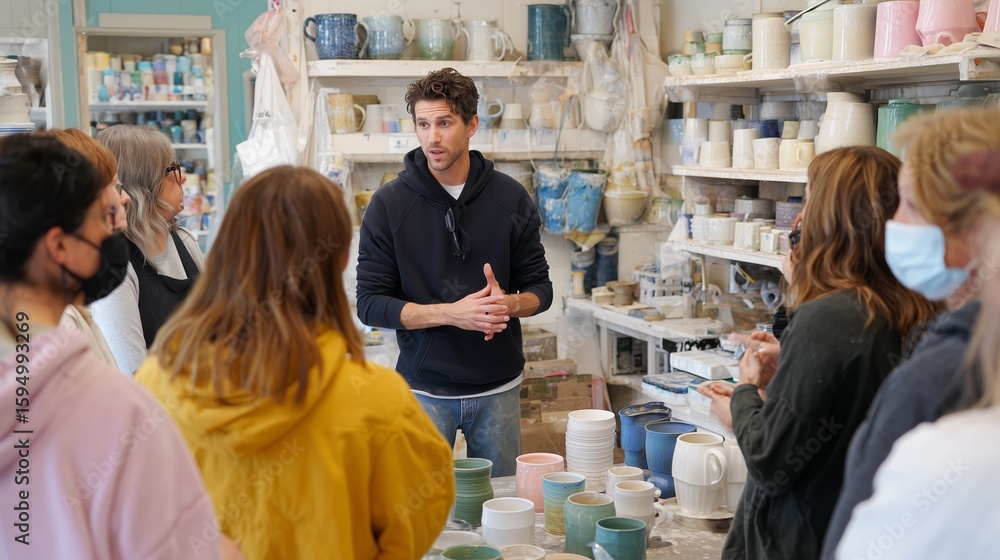 Poster pottery workshop in an art studio with participants learning and creating unique ceramics in a vibra
