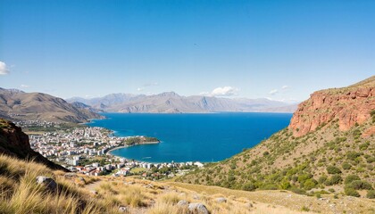 Obraz premium Scenic view of a coastal town by bright blue lake and mountains 