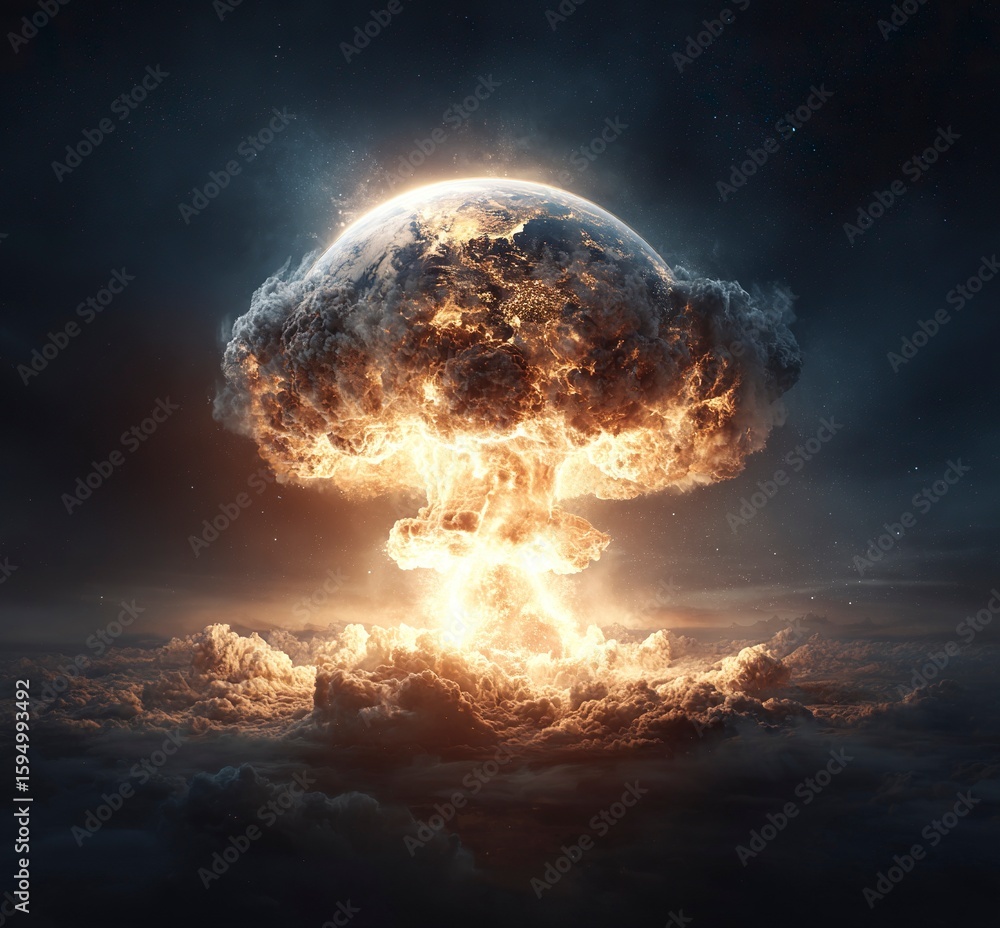 Poster earth exploding, an explosive scene in space, hyper-realistic, dark background, earth floating in th