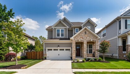 Modern two-story house with stone facade and green lawn in suburb  