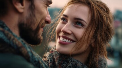 A couple shares a warm smile, creating an intimate and joyful moment. The soft lighting and close proximity evoke a sense of connection and happiness, beautiful people, calm tranquil emotions.