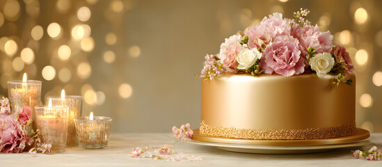 Elegant golden wedding anniversary cake with pink floral decorations and lit candles on a soft golden background, beautifully presented on a table.