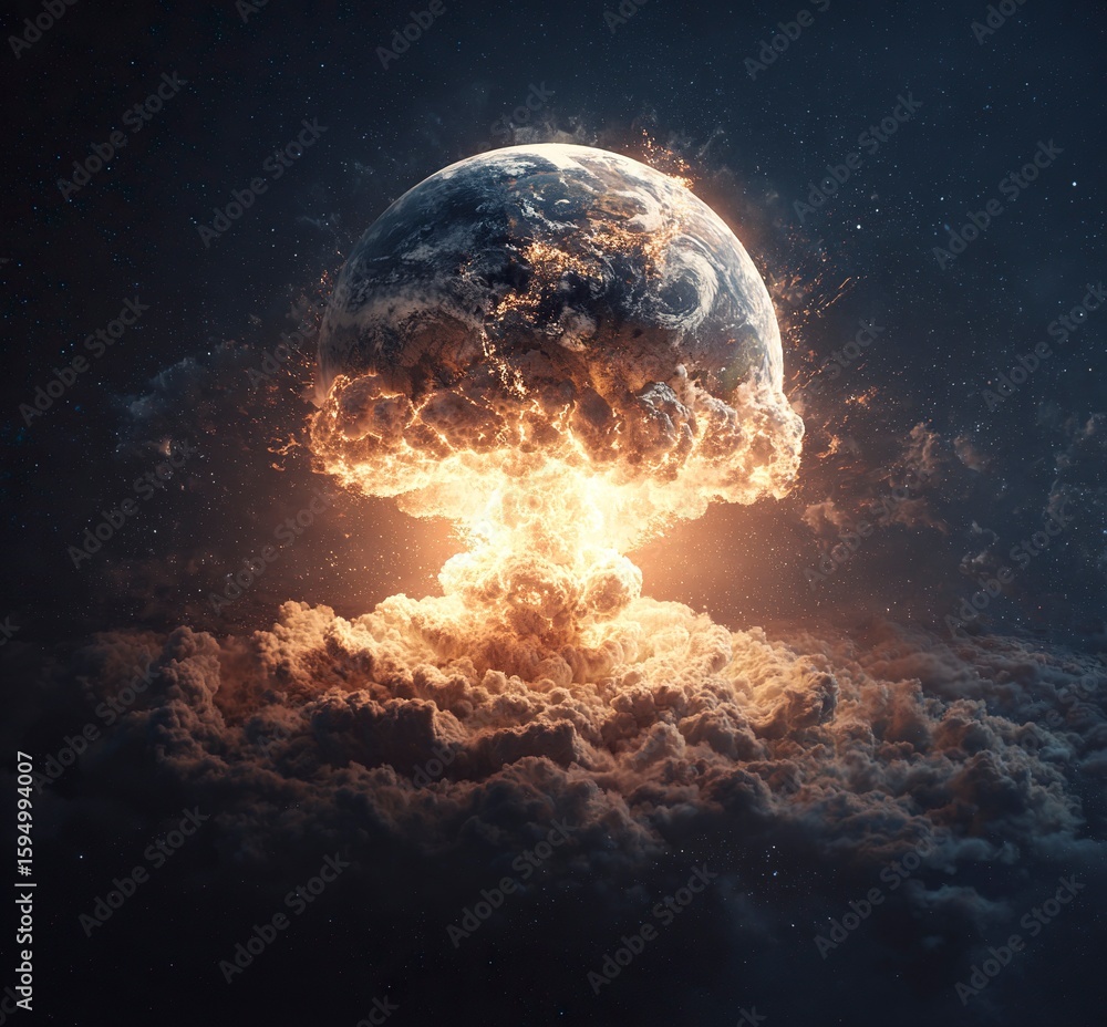 Poster earth exploding, an explosive scene in space, hyper-realistic, dark background, earth floating in th