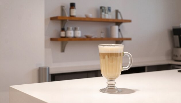 Glass of latte on countertop in modern kitchen setting  