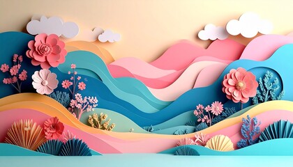 3D paper cut-out layered background of a garden scene with hills, bushes, and blooming flowers in pastel colors and abstract curves"