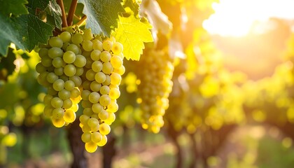 Fototapeta premium Sunlight illuminates bunches of ripe white grapes hanging from vines in a vineyard.