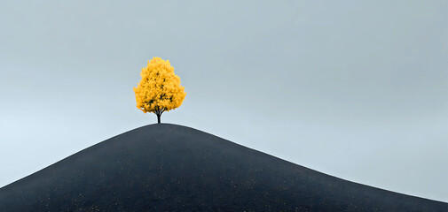 Solitary bright yellow tree stands tall on a dark barren volcanic hill under a vast pale sky