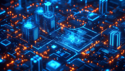 Obraz premium Abstract blueprint illustration of enterprise infrastructure with glowing digital circuits and nodes highlighting technology integrations including AI algorithms, IoT connectivity, and extensive big d