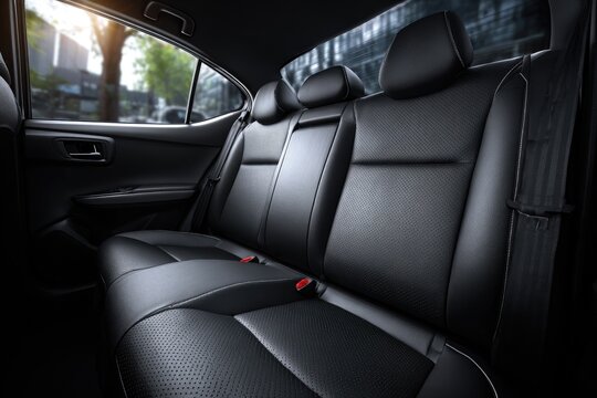 Fototapeta Interior view of a car's back seat.  Dark, leather-trimmed seats,  sunlight through window